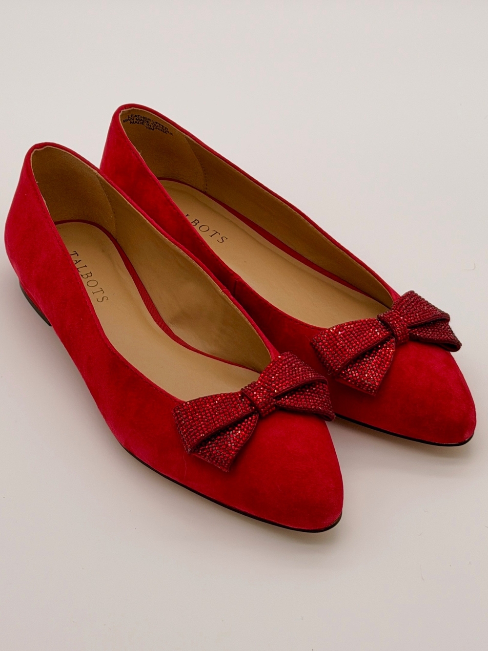 New Talbots Red Suede Pointed-Toe Bow Flats